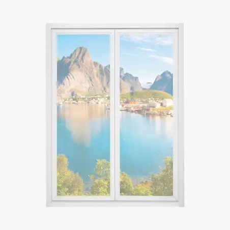 Pegatina para ventana vistas de fiordo y pueblo costero en Noruega – Pixers®