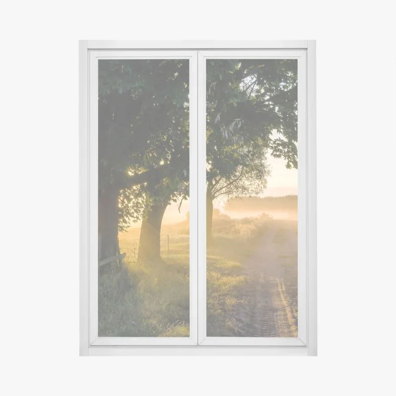 Pegatina para ventana amanecer en el camino rural entre árboles