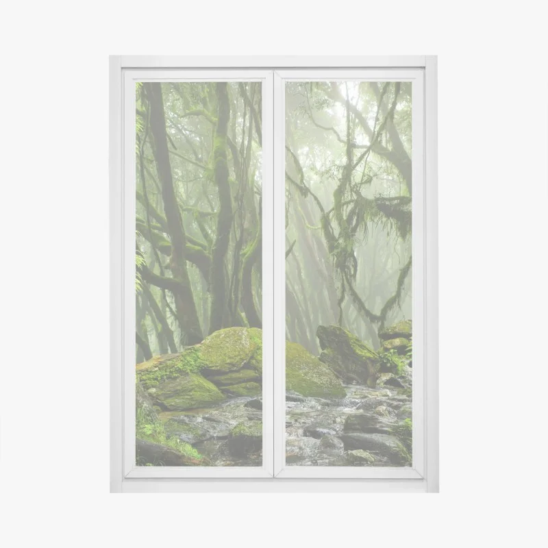 Pegatina para ventana bosque húmedo con arroyo entre rocas