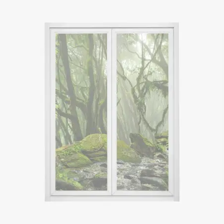 Pegatina para ventana bosque húmedo con arroyo entre rocas – Pixers®