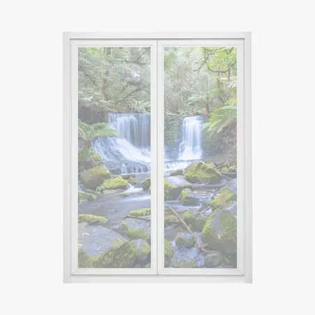Pegatina para ventana cascada serena en bosque musgoso – Pixers®