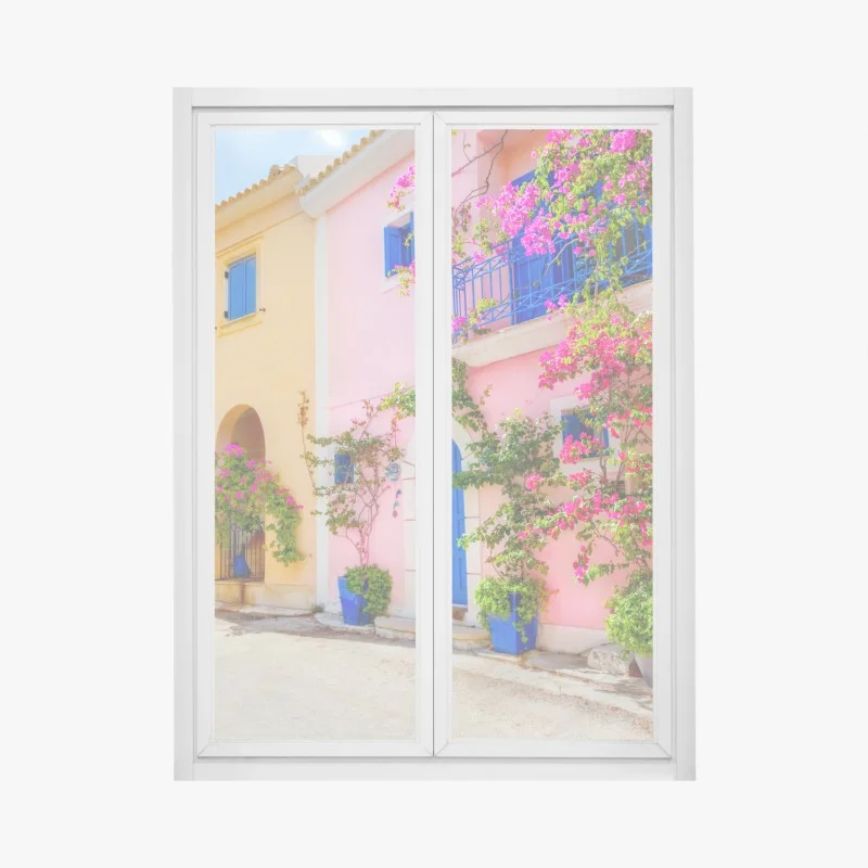 Pegatina para ventana calle mediterránea de colores en Kefalonia
