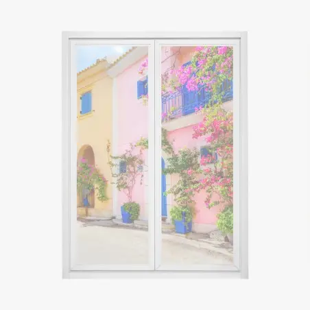 Pegatina para ventana calle mediterránea de colores en Kefalonia – Pixers®