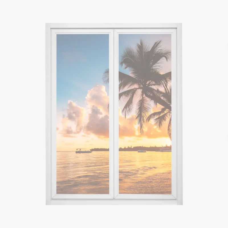 Pegatina para ventana puesta de sol con palmeras en la playa de República Dominicana