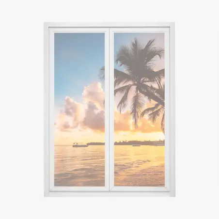 Pegatina para ventana puesta de sol con palmeras en la playa de República Dominicana – Pixers®
