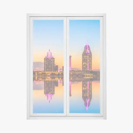 Pegatina para ventana amanecer en Mobile: horizonte urbano reflejado – Pixers®