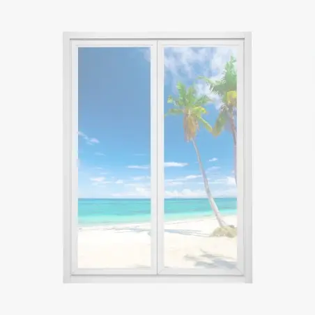 Pegatina para ventana paraíso tropical con palmeras en la playa – Pixers®