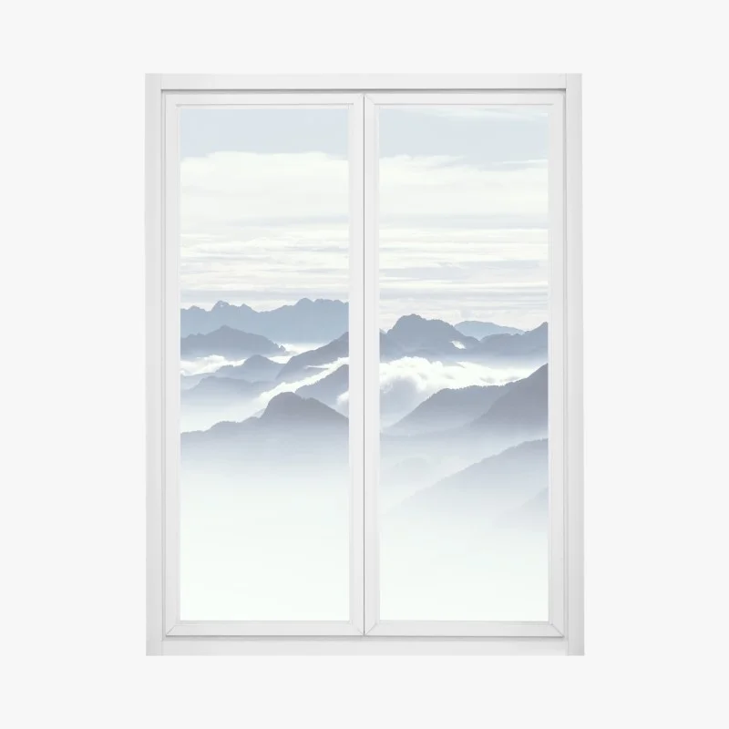 Pegatina para ventana panorama de montañas en niebla serena