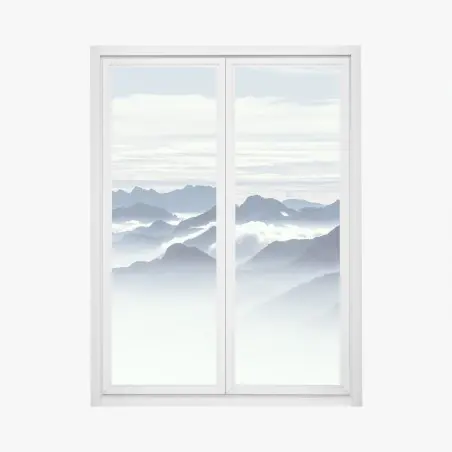 Pegatina para ventana panorama de montañas en niebla serena – Pixers®