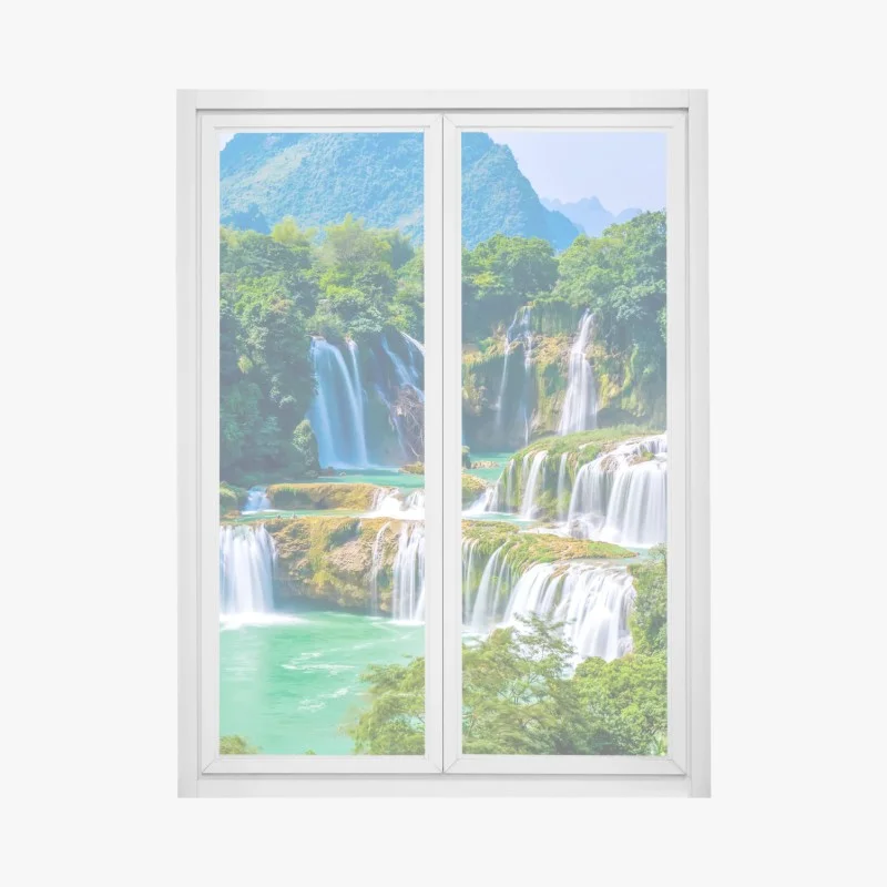 Pegatina para ventana oasis de cascadas en tonos esmeralda