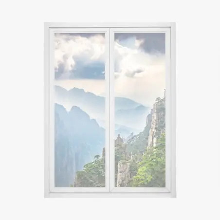 Pegatina para ventana paisaje de montañas brumosas al amanecer – Pixers®