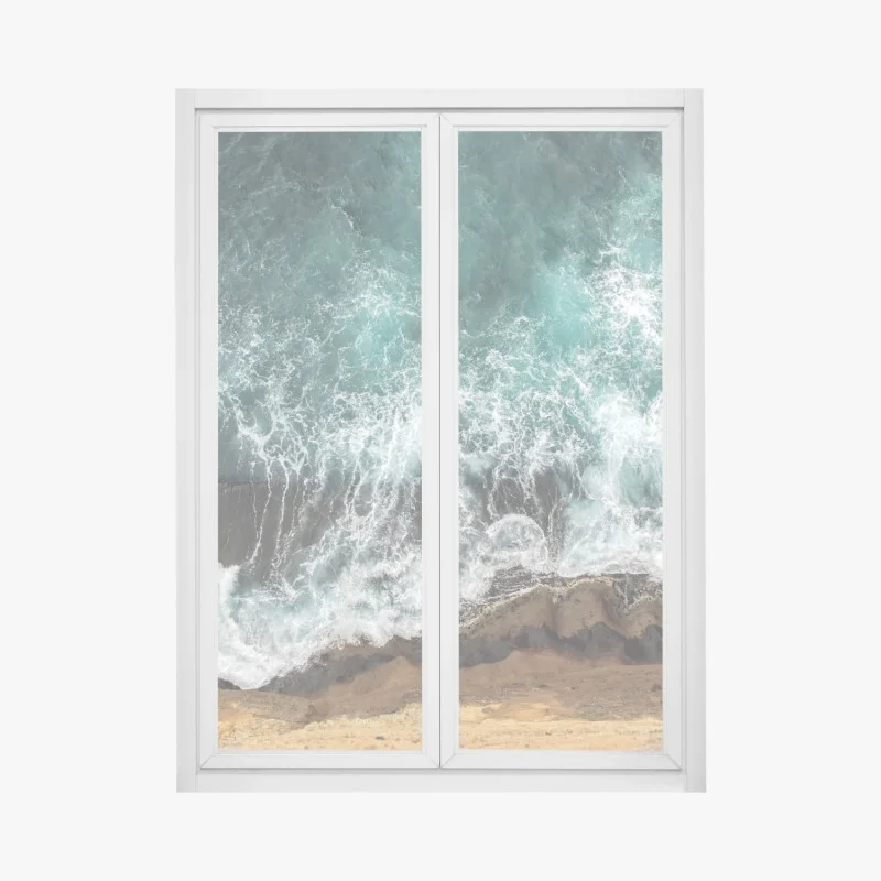 Pegatina para ventana olas sobre acantilado en tonos turquesa