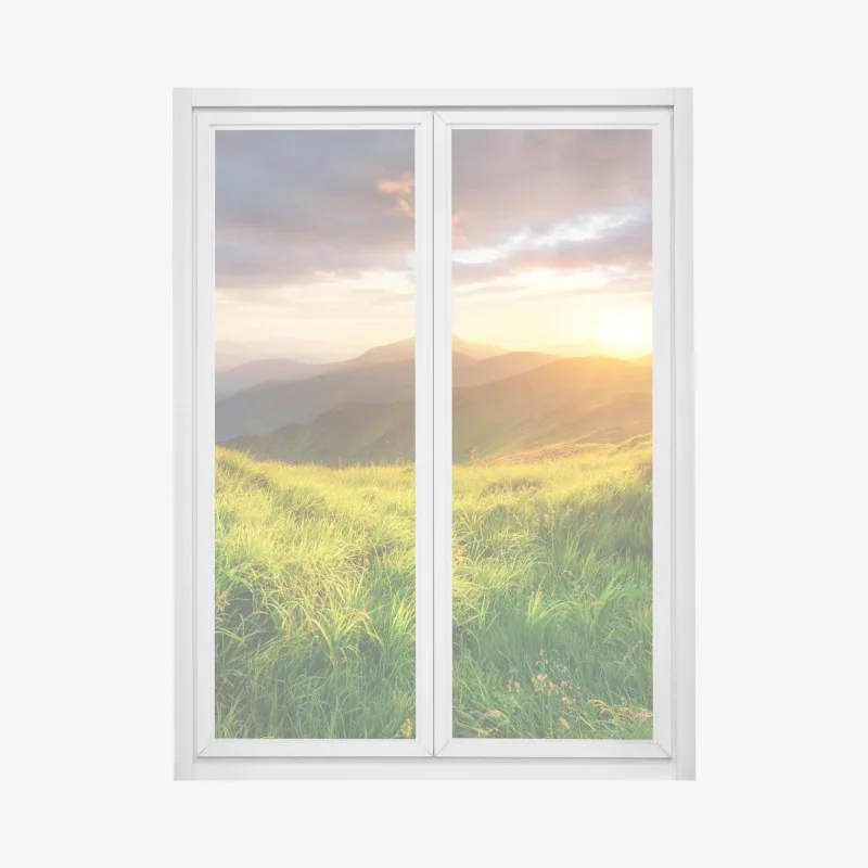 Pegatina para ventana amanecer dorado en el valle montañoso