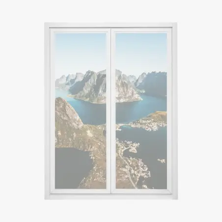 Pegatina para ventana amanecer sobre fiordos y montañas – Pixers®