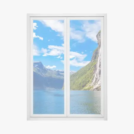 Pegatina para ventana impresión panorámica de la cascada Las Siete Hermanas en Geiranger – Pixers®