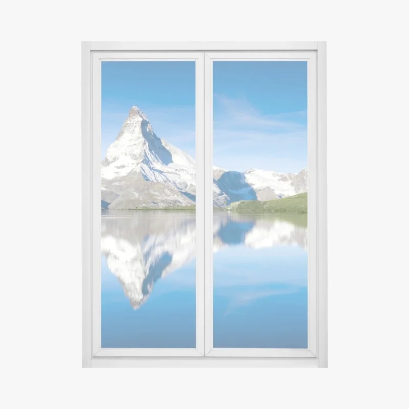 Pegatina para ventana reflejo de pico nevado en lago alpino