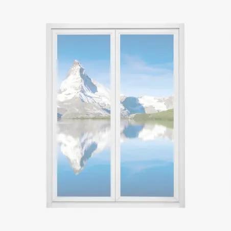 Pegatina para ventana reflejo de pico nevado en lago alpino – Pixers®