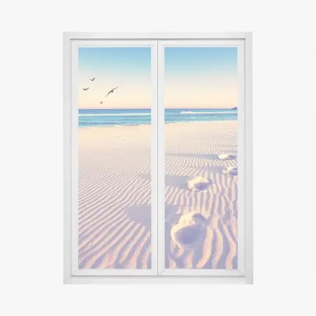 Pegatina para ventana huellas mágicas en la arena al amanecer – Pixers®