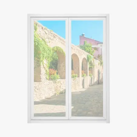 Pegatina para ventana encanto de Ravello: calle empedrada con arcos y flores – Pixers®
