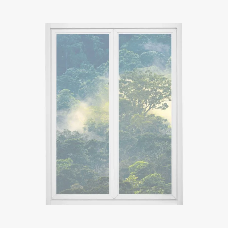 Pegatina para ventana amanecer en la selva neblinosa