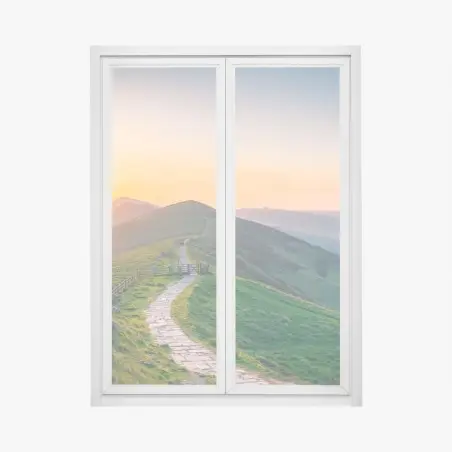 Pegatina para ventana amanecer sobre colinas y sendero de piedra – Pixers®