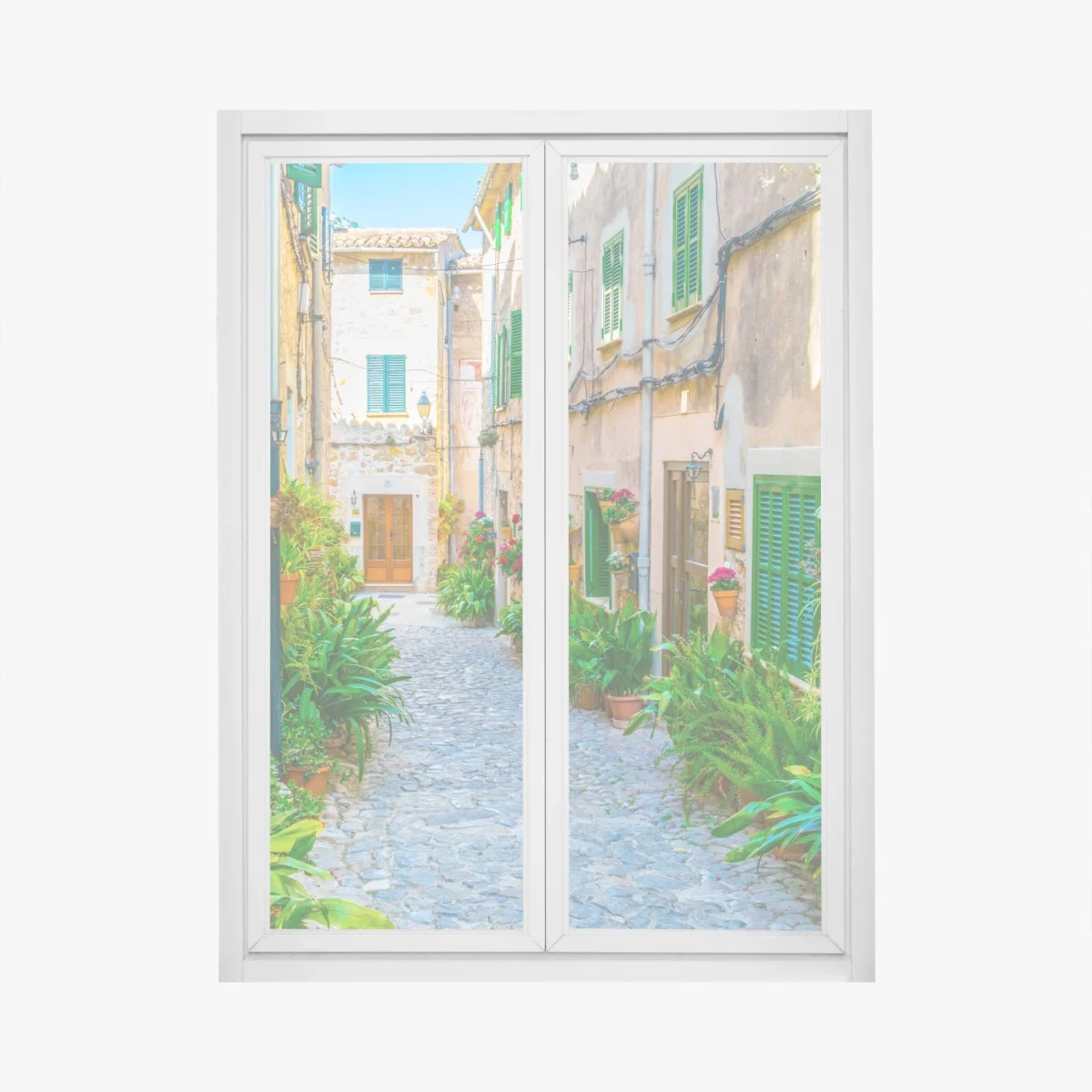 Pegatina para ventana calle empedrada con macetas y persianas verdes – Pixers® Pegatina para ventana calle empedrada con macetas y persianas verdes – Pixers®