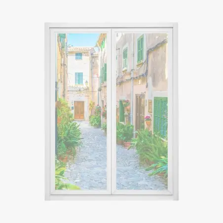 Pegatina para ventana calle empedrada con macetas y persianas verdes – Pixers®