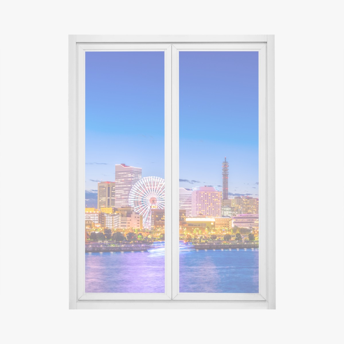 Pegatina para ventana silueta iluminada de Yokohama al crepúsculo – Pixers®