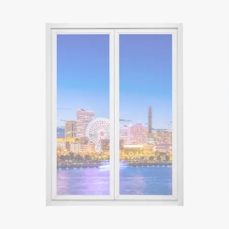 Pegatina para ventana silueta iluminada de Yokohama al crepúsculo – Pixers®