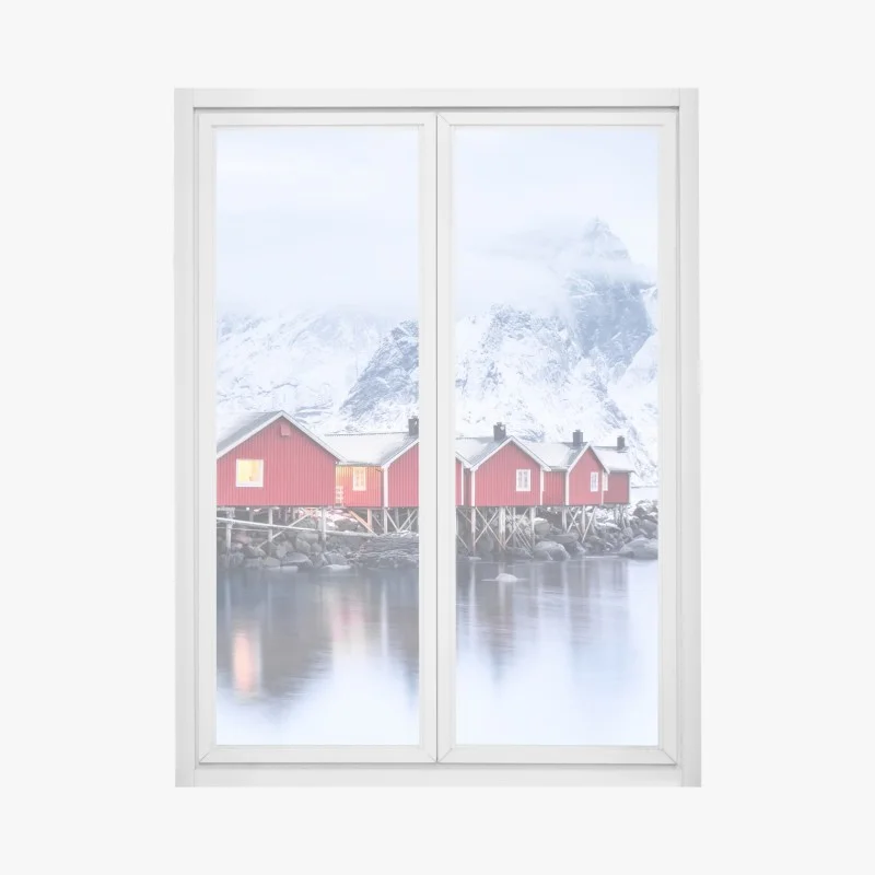 Pegatina para ventana amanecer en Lofoten: cabañas rojas sobre el fiordo