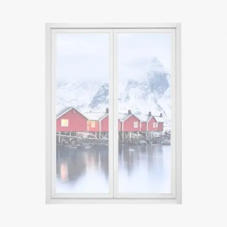 Pegatina para ventana amanecer en Lofoten: cabañas rojas sobre el fiordo – Pixers®