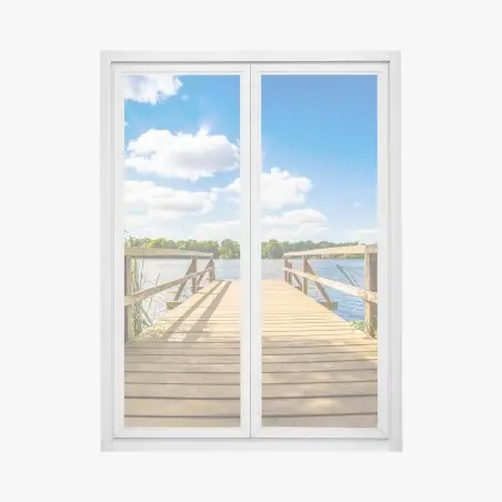 Pegatina para ventana muelle de madera hacia el lago bajo cielo azul – Pixers®