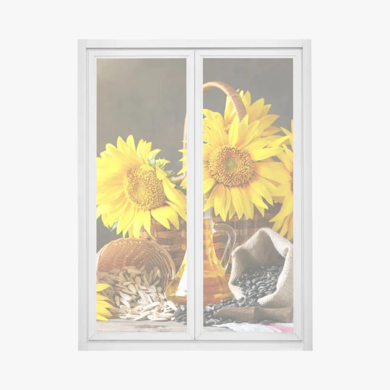 Pegatina para ventana girasoles y semillas: composición rústica y soleada