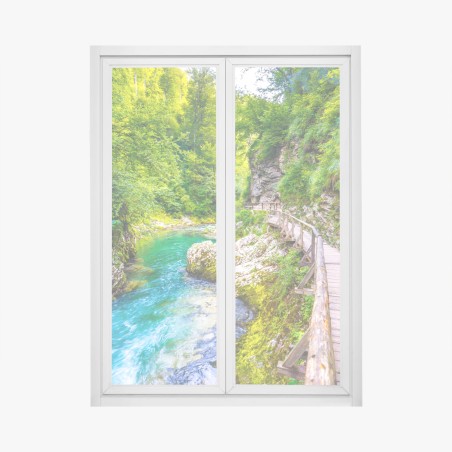 Pegatina para ventana pasarela de madera junto al río turquesa – Pixers®