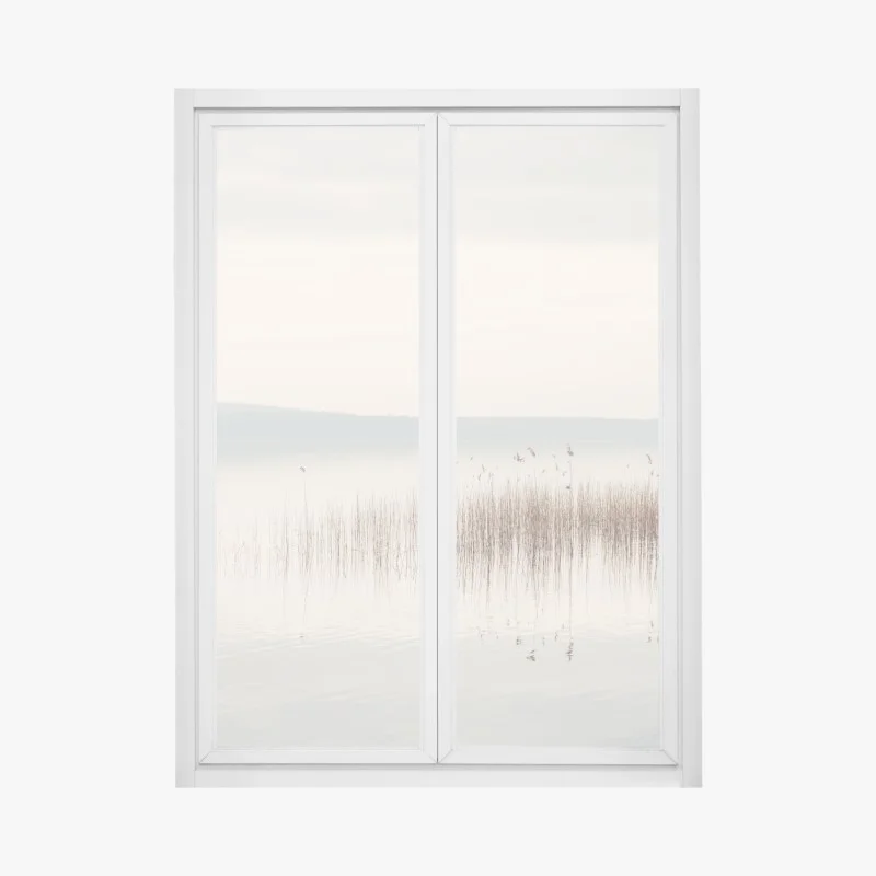 Pegatina para ventana paisaje lacustre minimalista con juncos