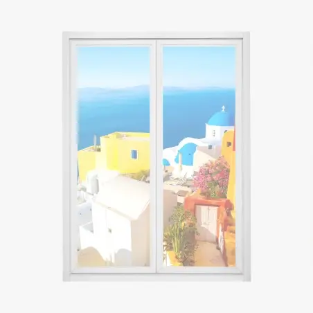 Pegatina para ventana amanecer en Santorini: cúpulas azules y casas blancas – Pixers®