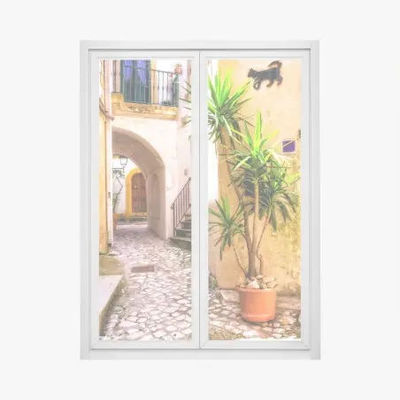 Pegatina para ventana rincón mediterráneo en calle empedrada – Pixers®