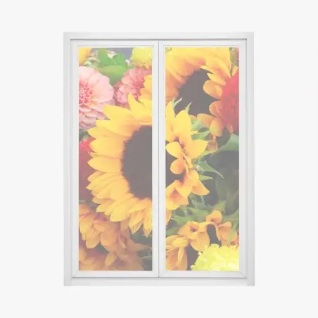 Pegatina para ventana explosión floral: girasoles y dalias vibrantes – Pixers®