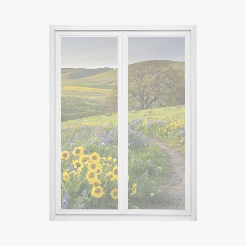 Pegatina para ventana sendero entre flores silvestres en pradera