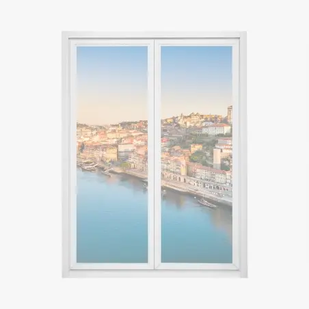 Pegatina para ventana panorámica de la ribera de Oporto al atardecer – Pixers®
