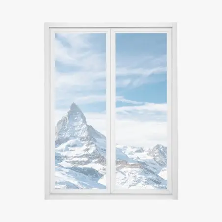 Pegatina para ventana paisaje alpino nevado con pico majestuoso – Pixers®
