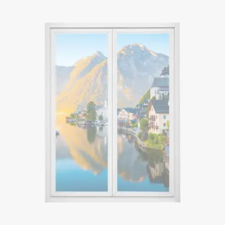 Pegatina para ventana amanecer en Hallstatt: tranquila vista al lago – Pixers®