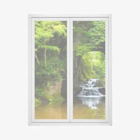 Pegatina para ventana arco natural con cascada en bosque verde – Pixers®