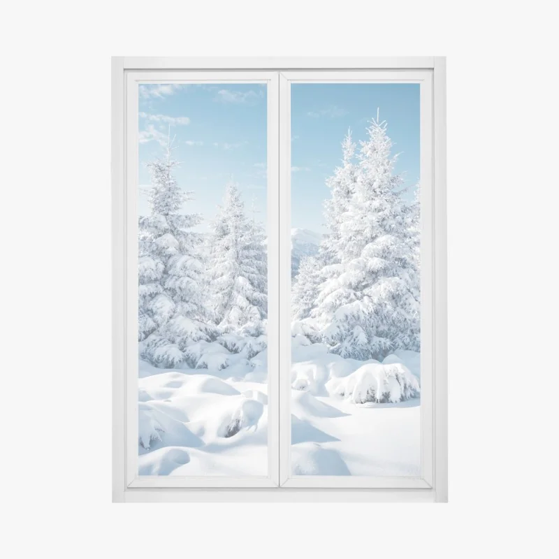 Pegatina para ventana bosque de abetos nevados en los Cárpatos, Ucrania