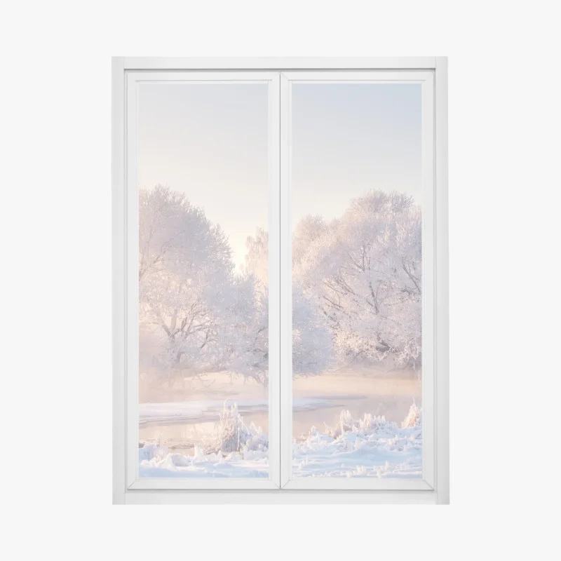 Pegatina para ventana amanecer invernal con árboles cubiertos de escarcha