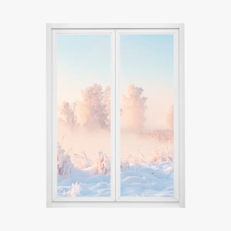 Pegatina para ventana amanecer rosa sobre pradera nevada