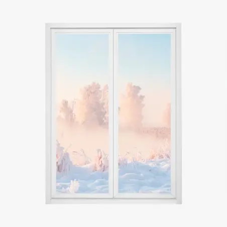 Pegatina para ventana amanecer rosa sobre pradera nevada – Pixers®
