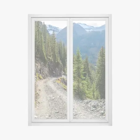 Pegatina para ventana sendero alpino entre pinos y cumbres nevadas – Pixers®