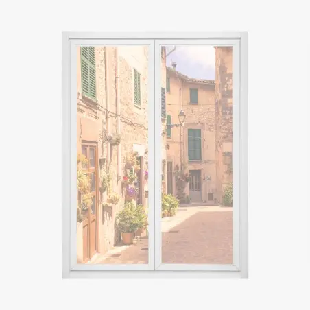 Pegatina para ventana calle mediterránea con macetas y luz dorada – Pixers®