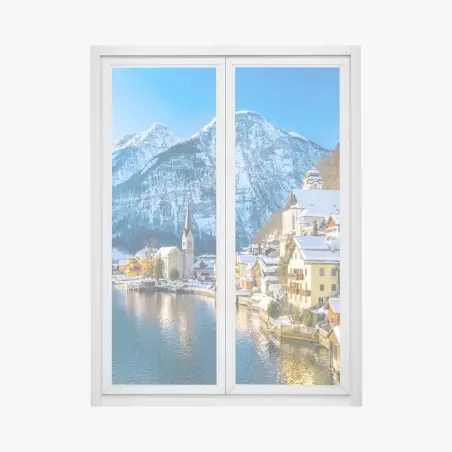 Pegatina para ventana paisaje invernal de Hallstatt junto al lago – Pixers®
